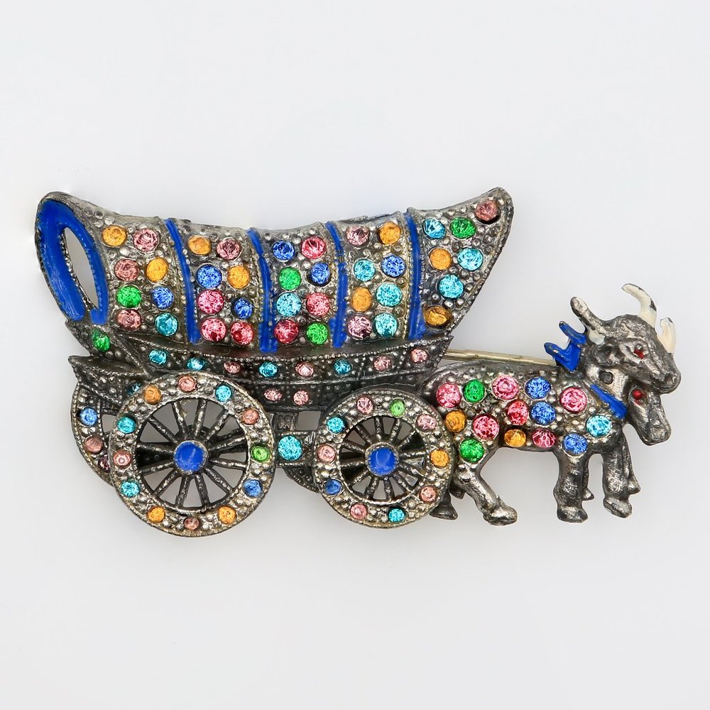 Vintage Mechanical Covered Wagon With Oxen Multicolor Rhinestone Brooch 1930s